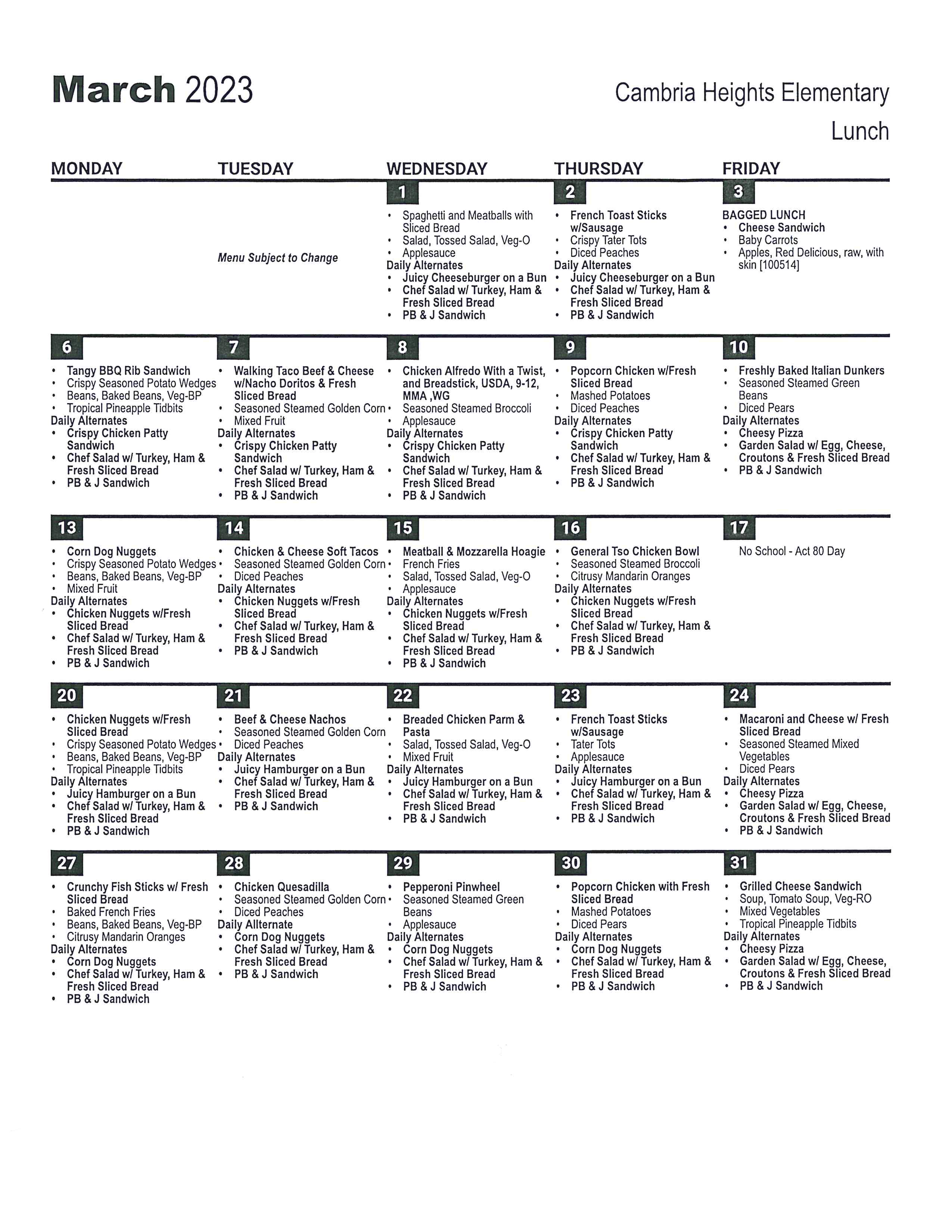 Lunch Calendar March 2023