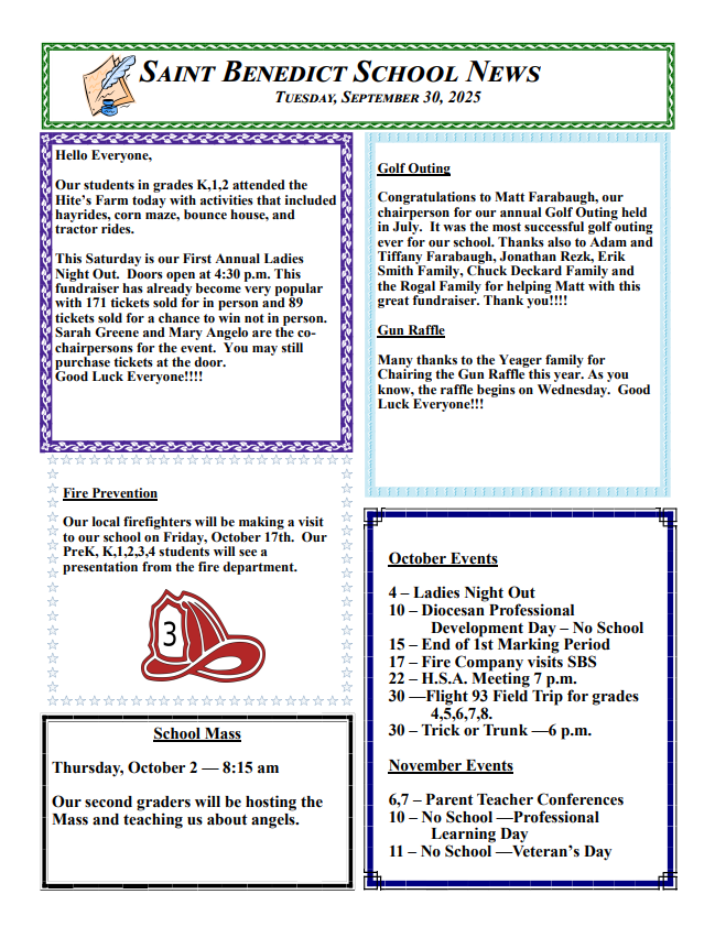 St. Benedict Weekly Newsletter — September 29, 2025