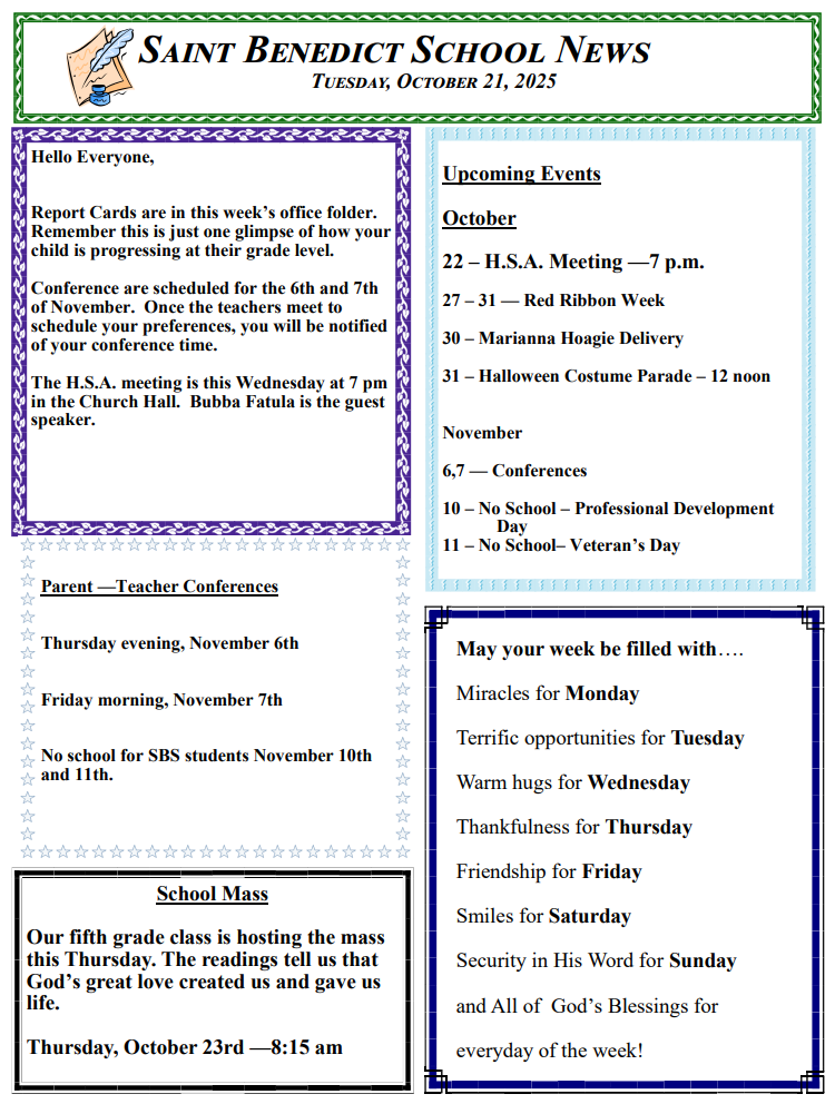 St. Benedict Weekly Newsletter — October 21, 2025