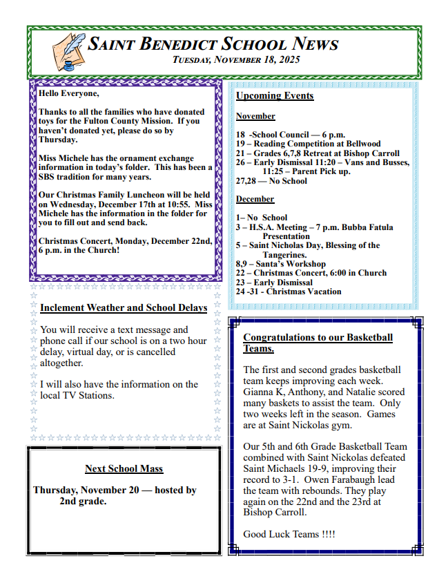 St. Benedict Weekly Newsletter — November 18, 2025