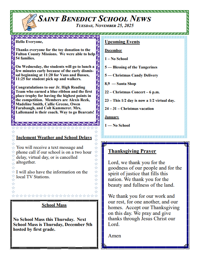 St. Benedict Weekly Newsletter — November 25, 2025