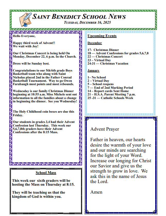 St. Benedict Weekly Newsletter — December 16, 2025