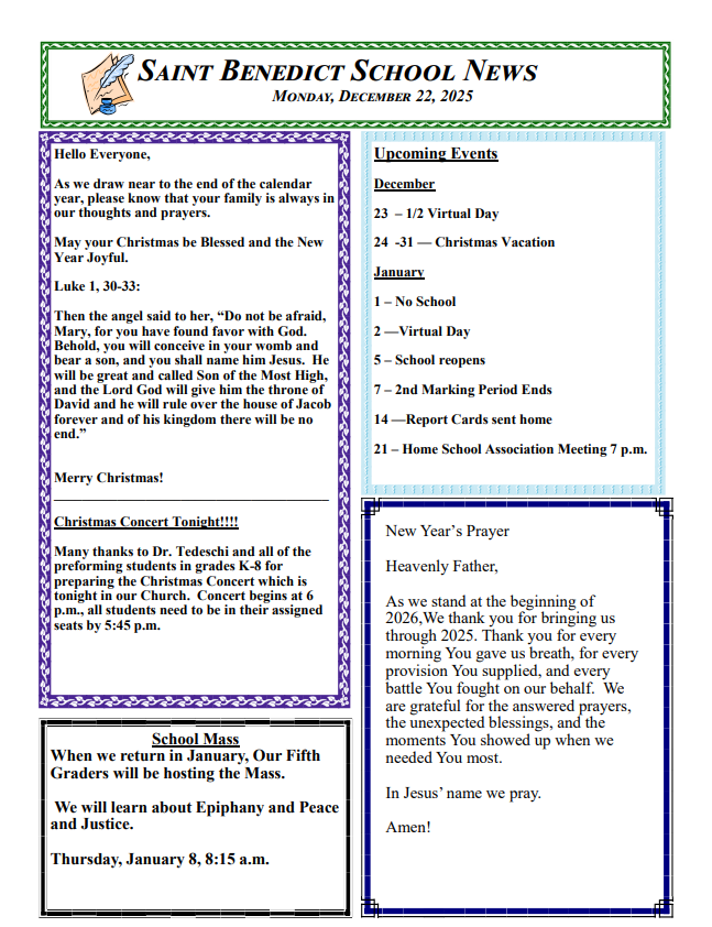 St. Benedict Weekly Newsletter — December 22, 2025