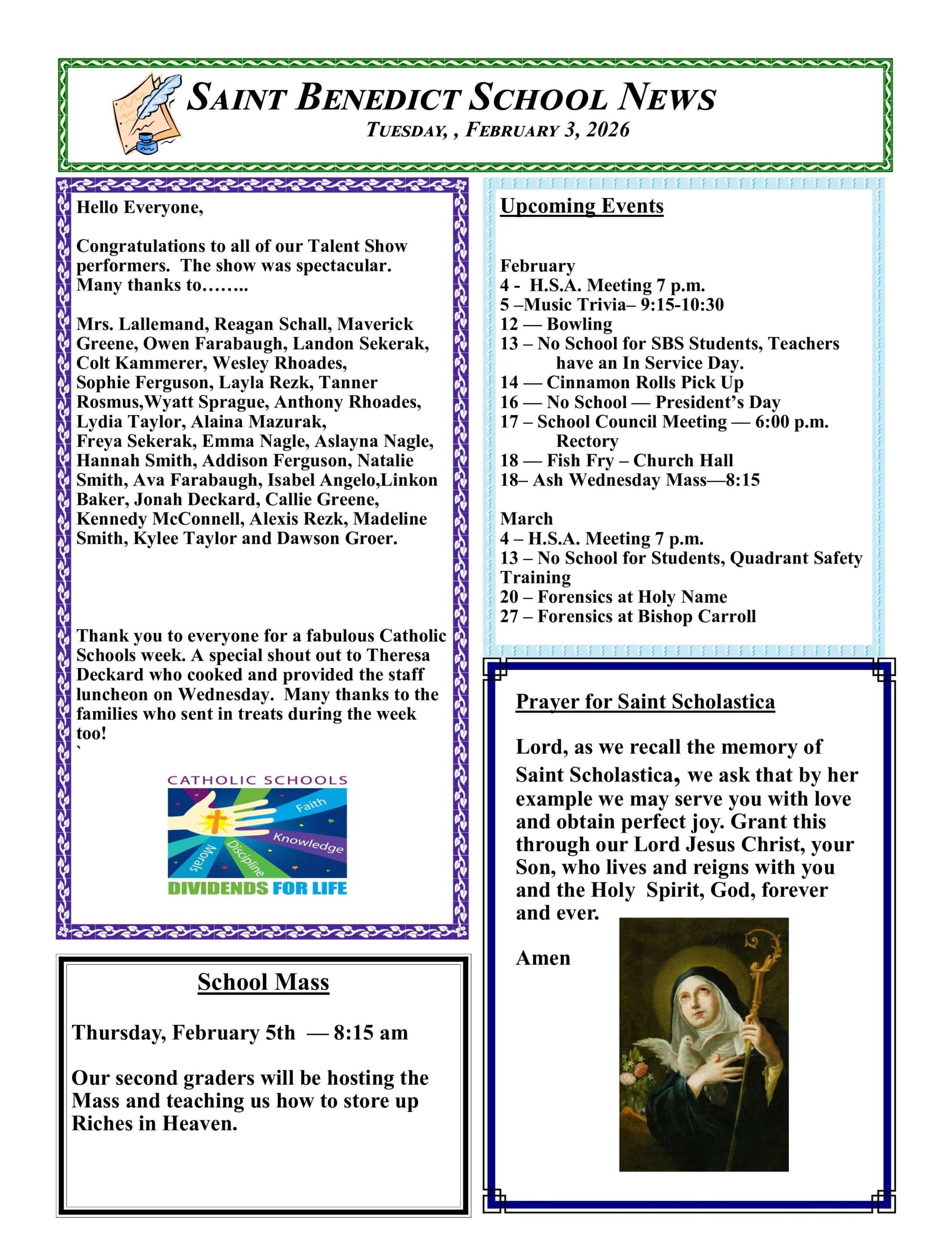 St. Benedict Weekly Newsletter — February 3, 2026